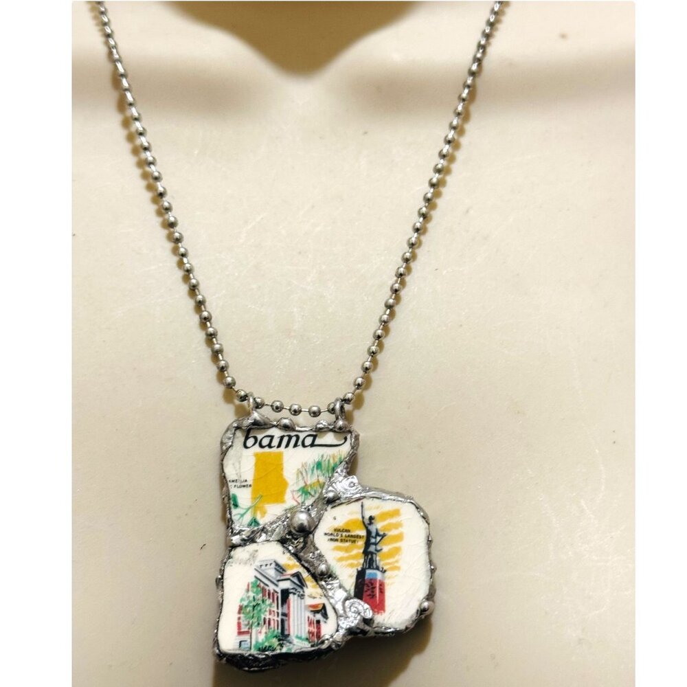 Broken China Pendant Alabama State Commemorative Plate Artisan Metalwork Bezel - Picture 8 of 9